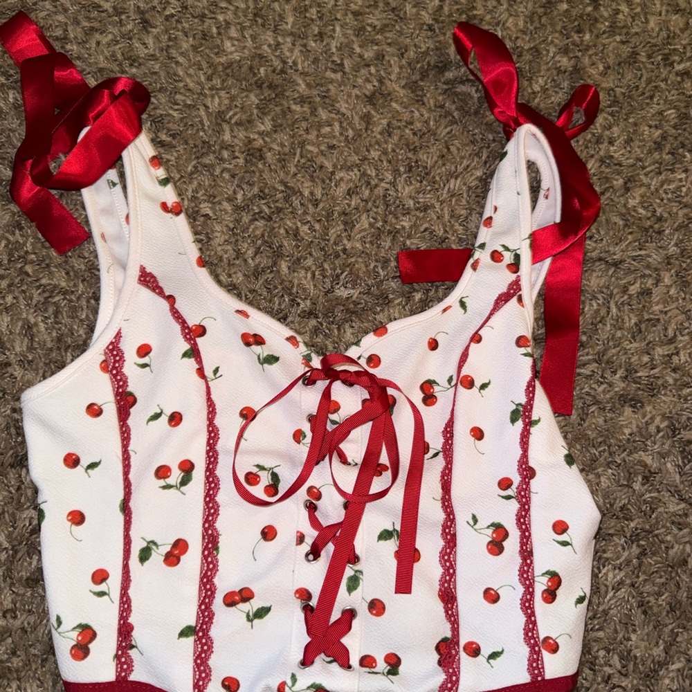 Cherry Print Lace-Up Top with Red Accents